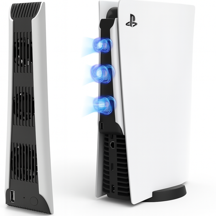 PS5 ventilator van Levay aangesloten op de PlayStation 5 – voorbeeld van koeling in actie.