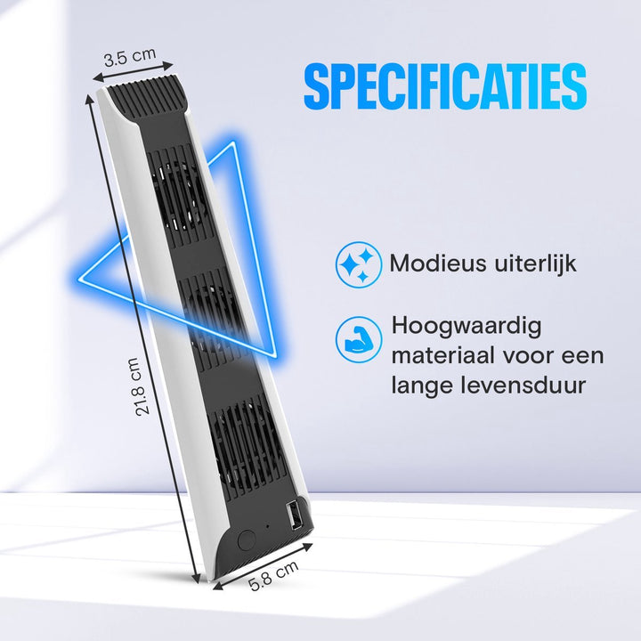 Specificaties van de PS5 ventilator – afmetingen en materiaal van de Levay USB cooling fan.