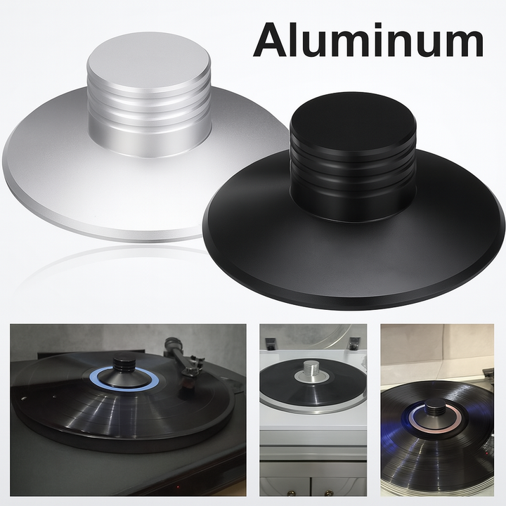 Aluminium stabilisator voor platenspeler in zwart en zilver, voorkomt trillingen en verbetert geluidskwaliteit.