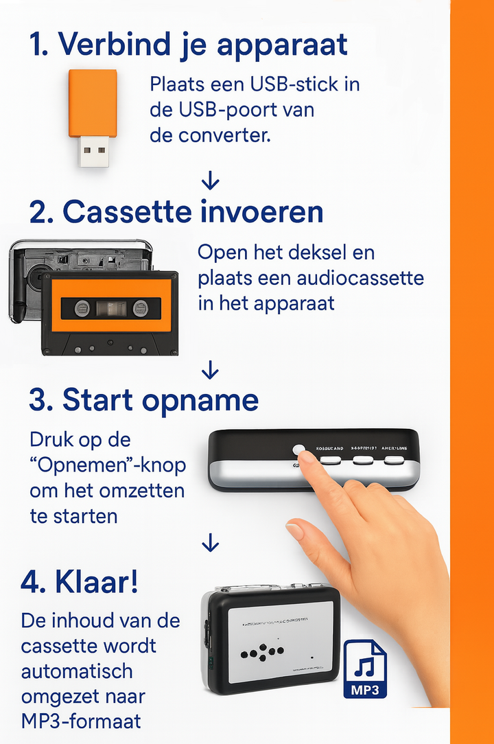 uitleg hoe je een cassette converter moet gebruiken.