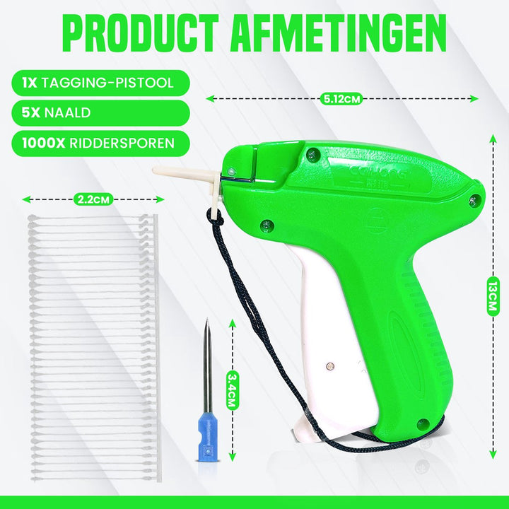 Afmetingen van het textielpistool met accessoires – inclusief 1 tagging pistool, 5 naalden en 1000 riddersporen