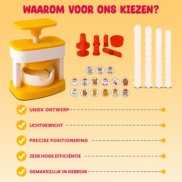 Overzicht van voordelen van de Buttonmaker Set voor kinderen, inclusief lichtgewicht ontwerp, precisie, gebruiksgemak en meegeleverde onderdelen.