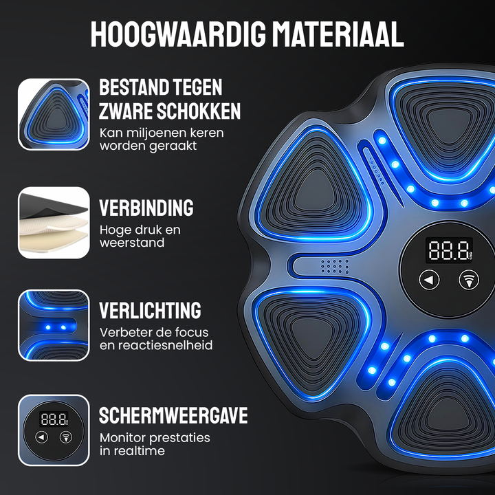 Elektronische boksmachine met voordelen: schokbestendig materiaal, sterke verbinding, LED-verlichting voor focus en realtime schermweergave.